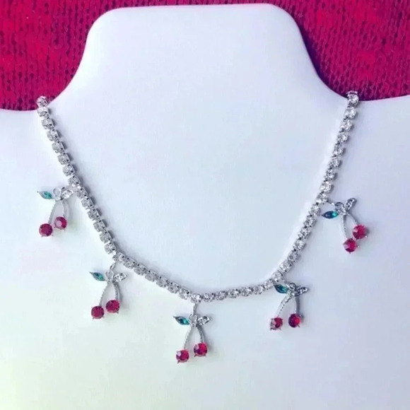 Jewelry - Silver Rhinestone Cherry Choker Necklace NWT